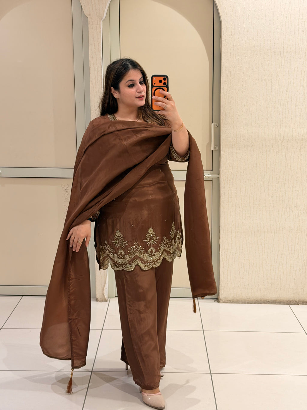 Brown Crepe Embroidered Suit Set (M–XXL)