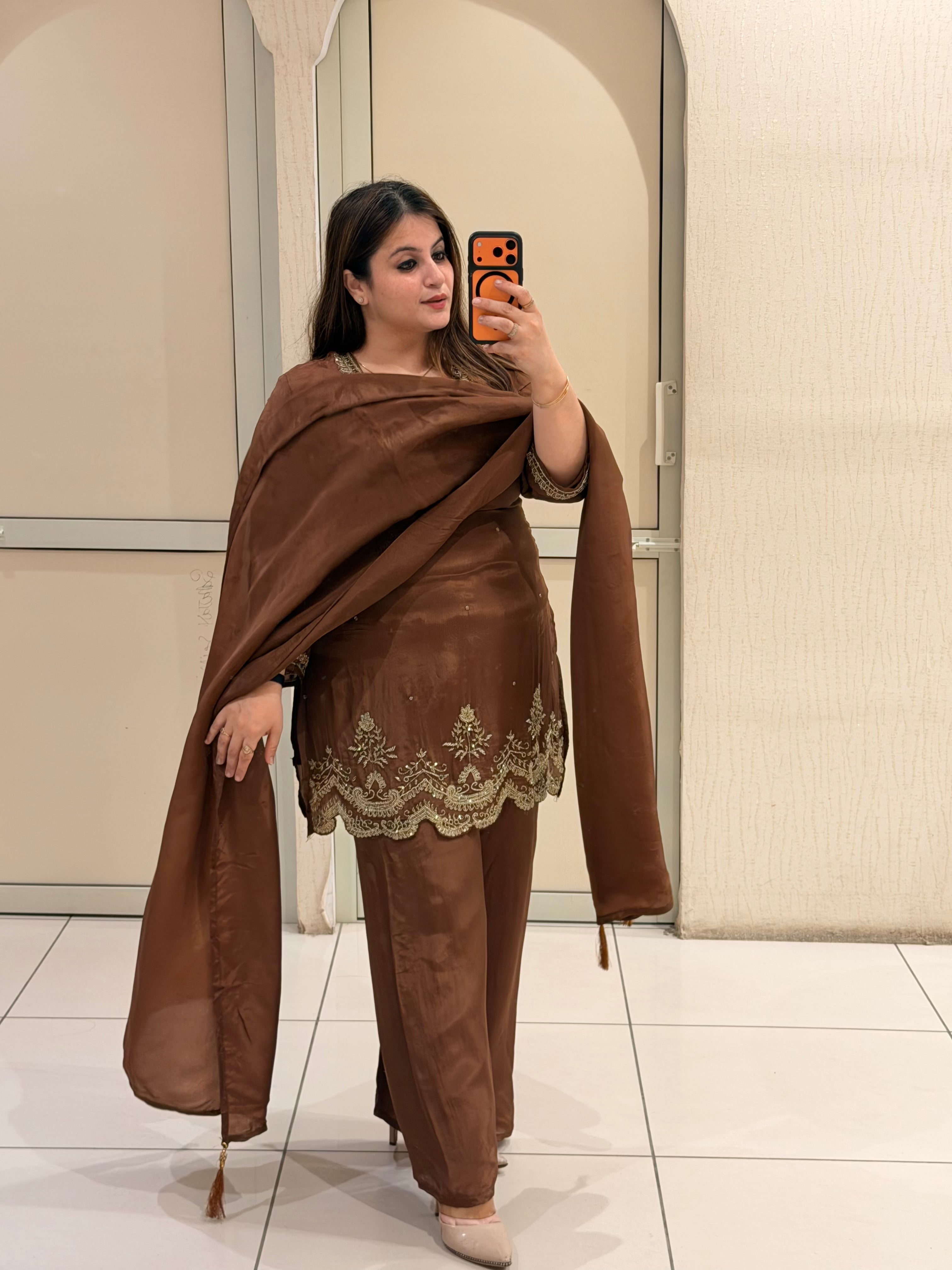 Brown Crepe Embroidered Suit Set (M–XXL)