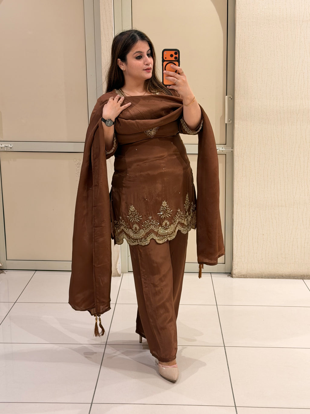 Brown Crepe Embroidered Suit Set (M–XXL)