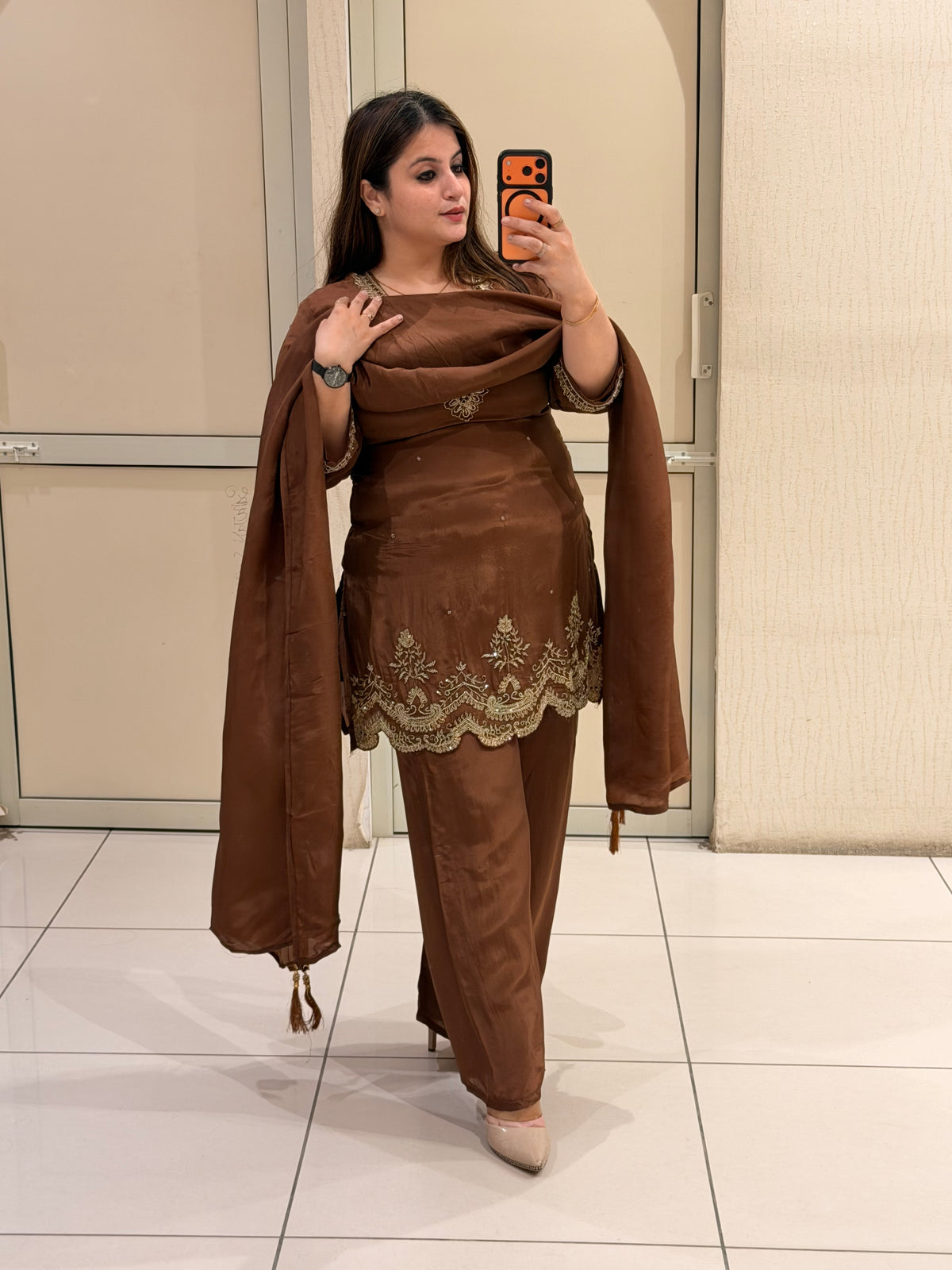 Brown Crepe Embroidered Suit Set (M–XXL)