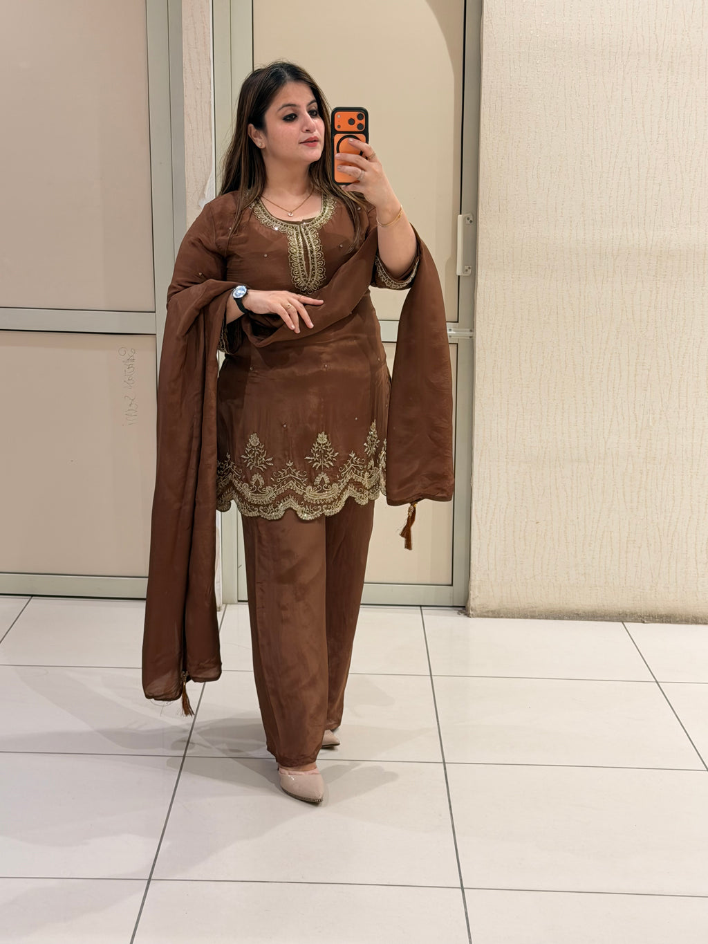 Brown Crepe Embroidered Suit Set (M–XXL)