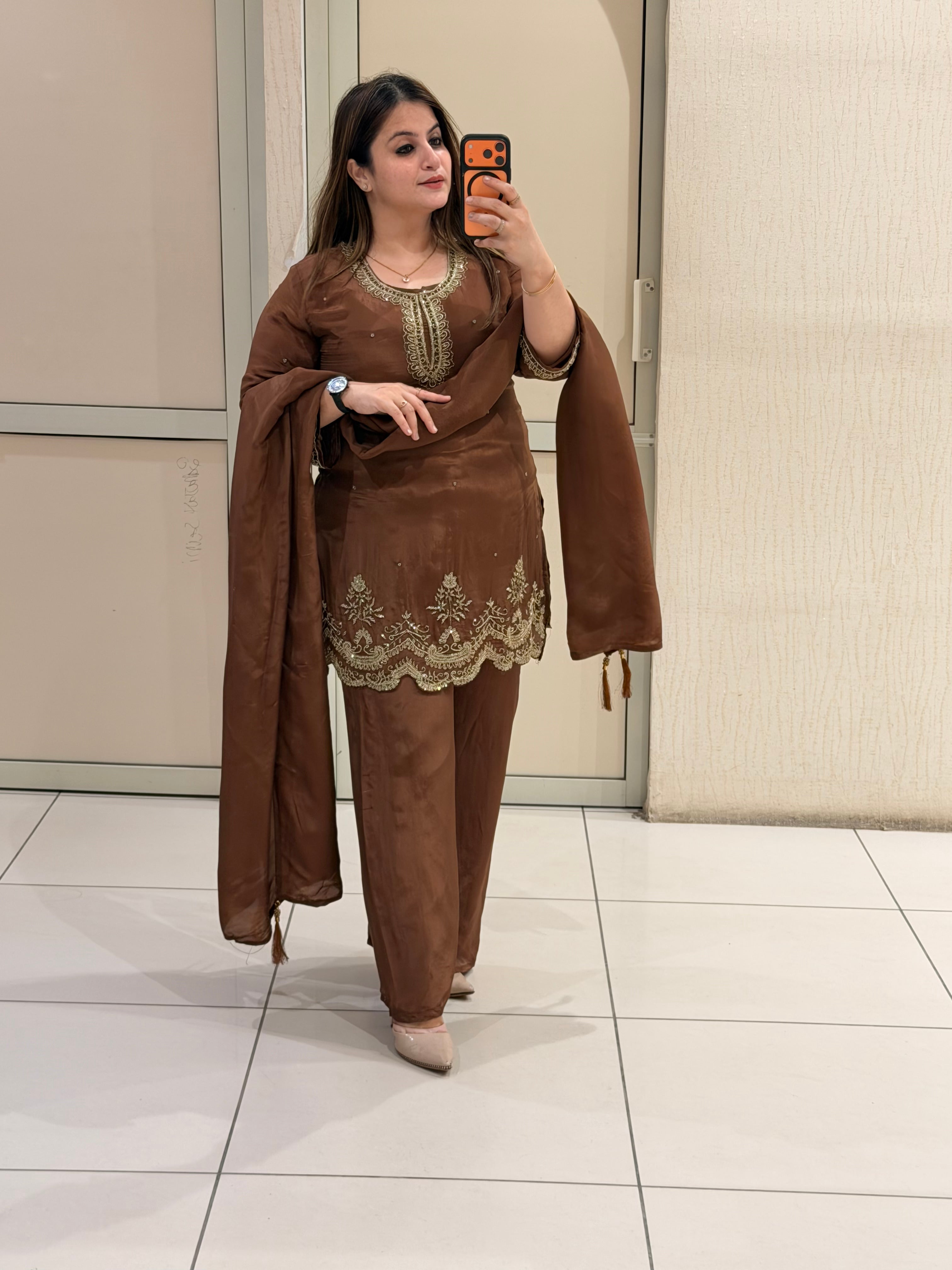 Brown Crepe Embroidered Suit Set (M–XXL)