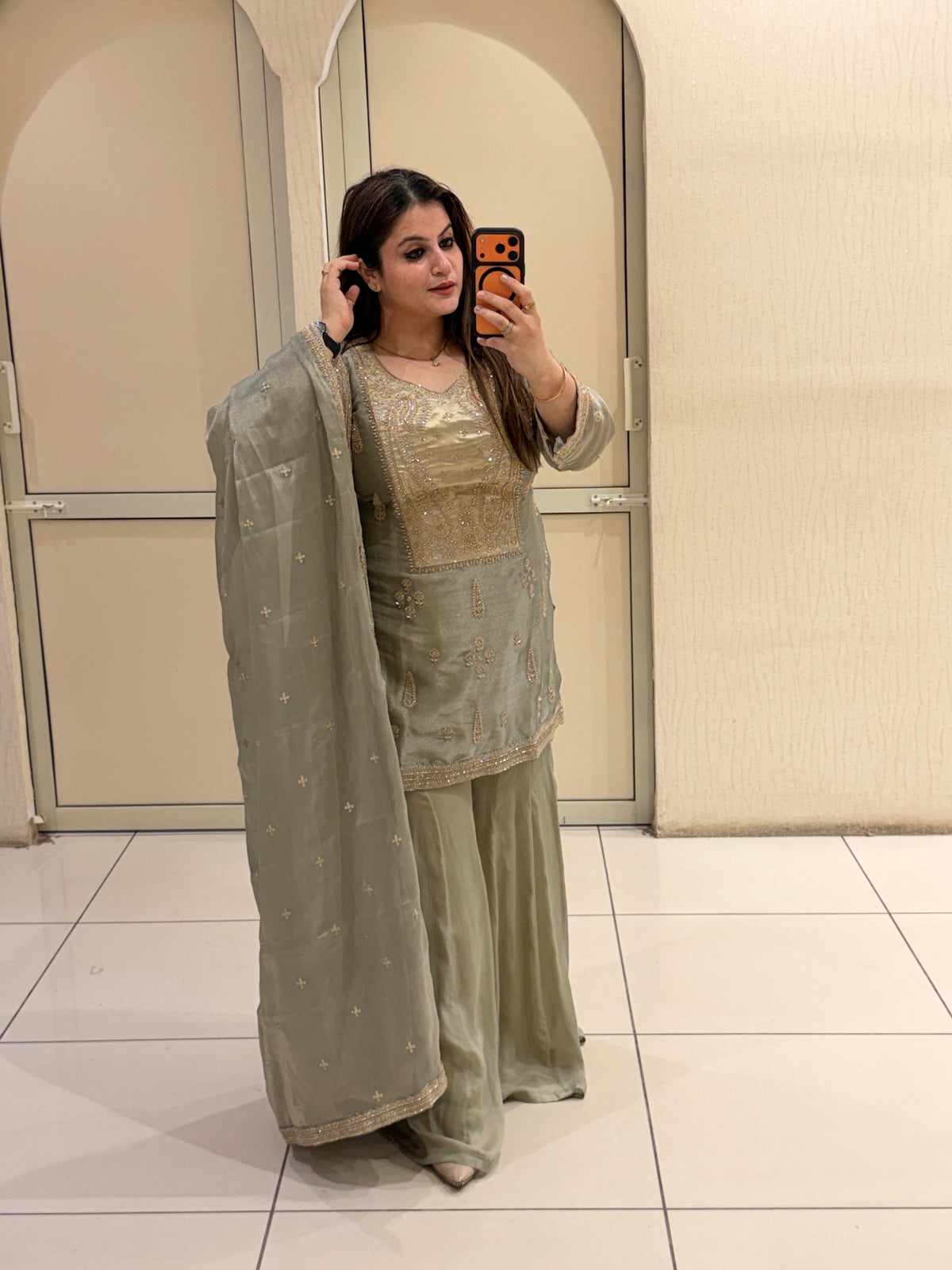 Light Sage Luxe Embroidered Dress (Giraffe Fabric)