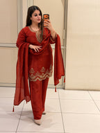 Red Crepe Embroidered Suit Set (M–XXL)