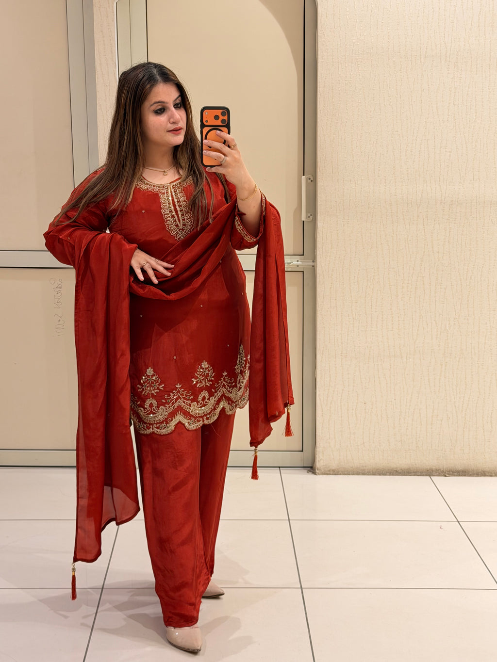 Red Crepe Embroidered Suit Set (M–XXL)