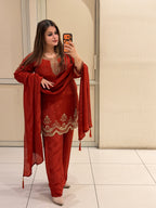 Red Crepe Embroidered Suit Set (M–XXL)