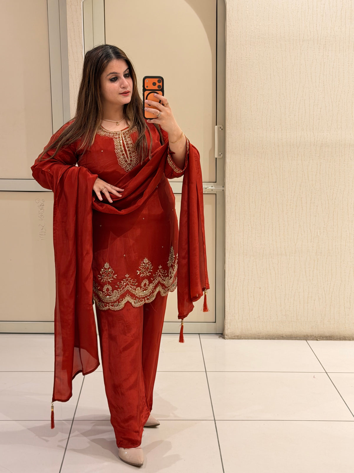 Red Crepe Embroidered Suit Set (M–XXL)