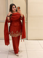 Red Crepe Embroidered Suit Set (M–XXL)