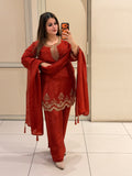 Red Crepe Embroidered Suit Set (M–XXL)