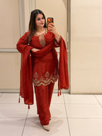 Red Crepe Embroidered Suit Set (M–XXL)