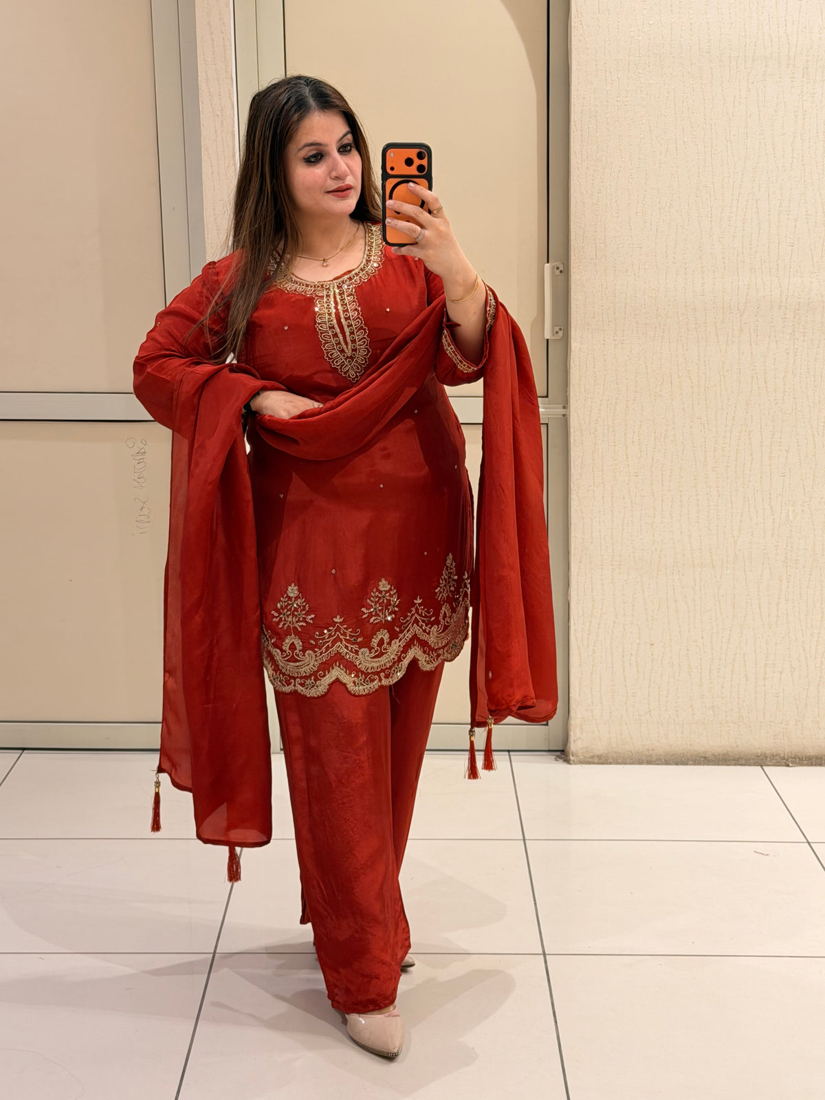 Red Crepe Embroidered Suit Set (M–XXL)