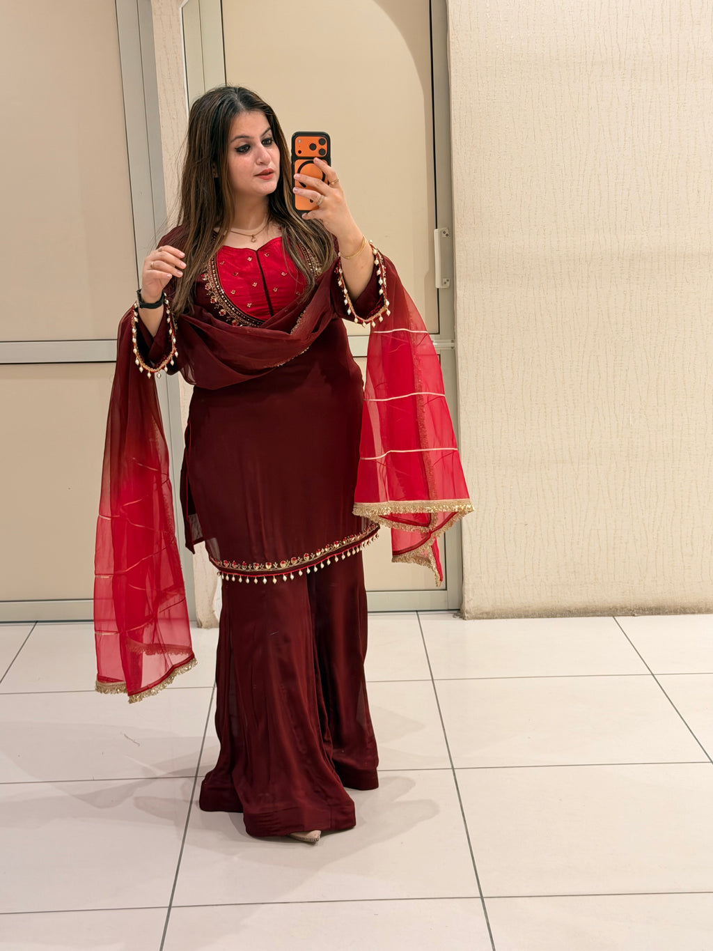 Maroon Chinon Embroidered Suit Set (M–XXL)