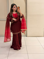 Maroon Chinon Embroidered Suit Set (M–XXL)