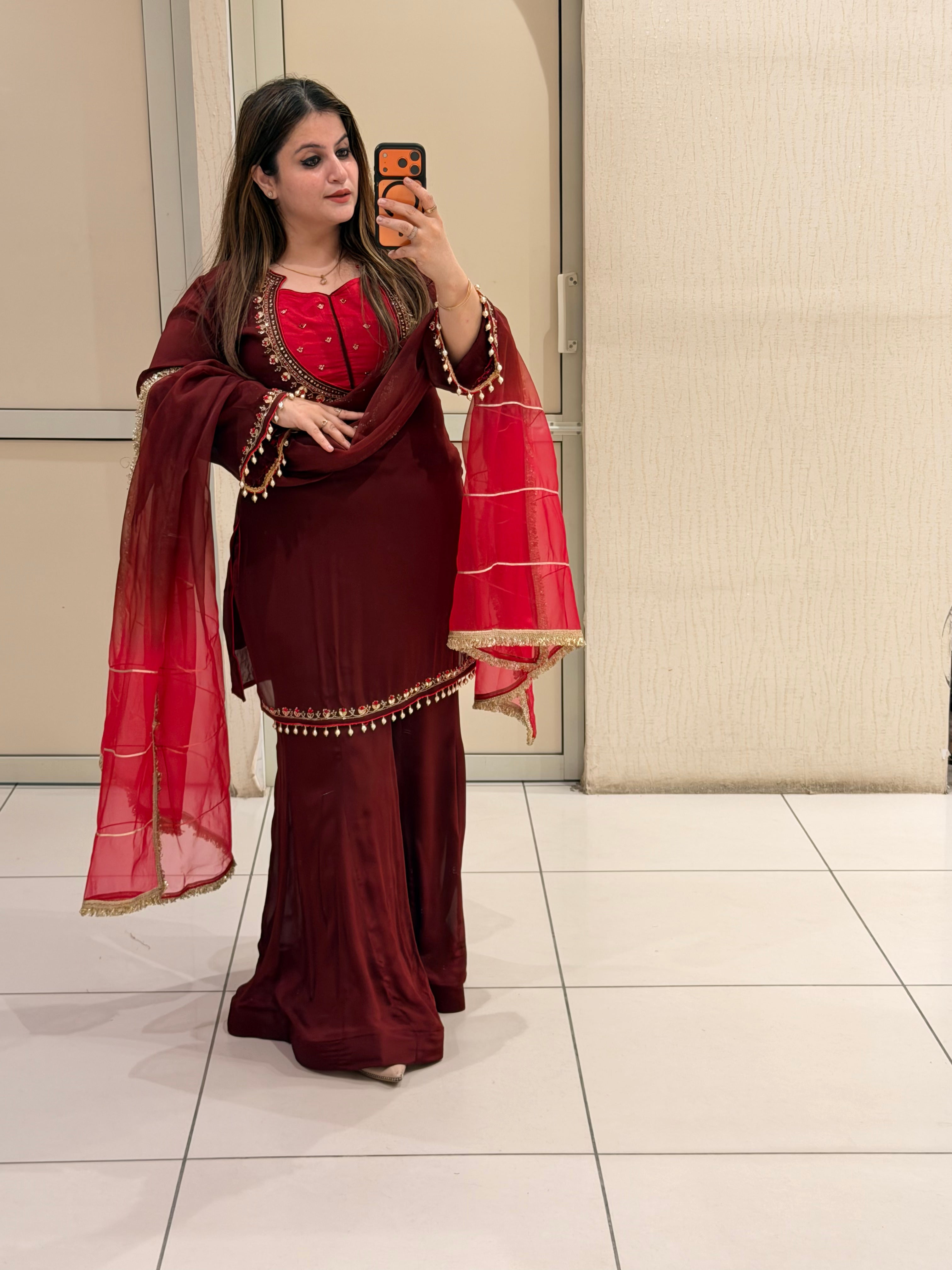 Maroon Chinon Embroidered Suit Set (M–XXL)