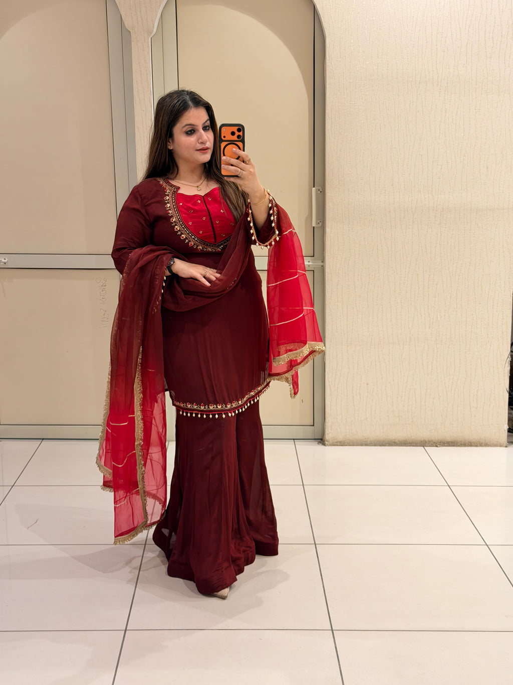 Maroon Chinon Embroidered Suit Set (M–XXL)