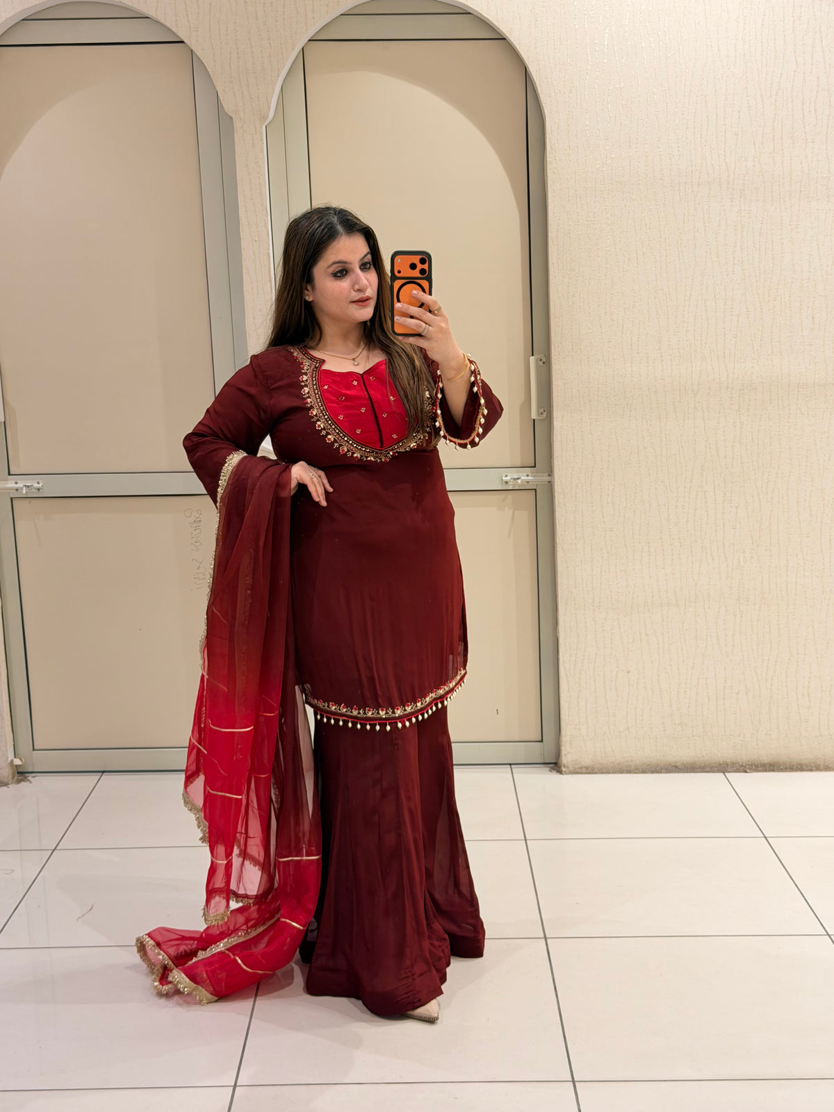 Maroon Chinon Embroidered Suit Set (M–XXL)