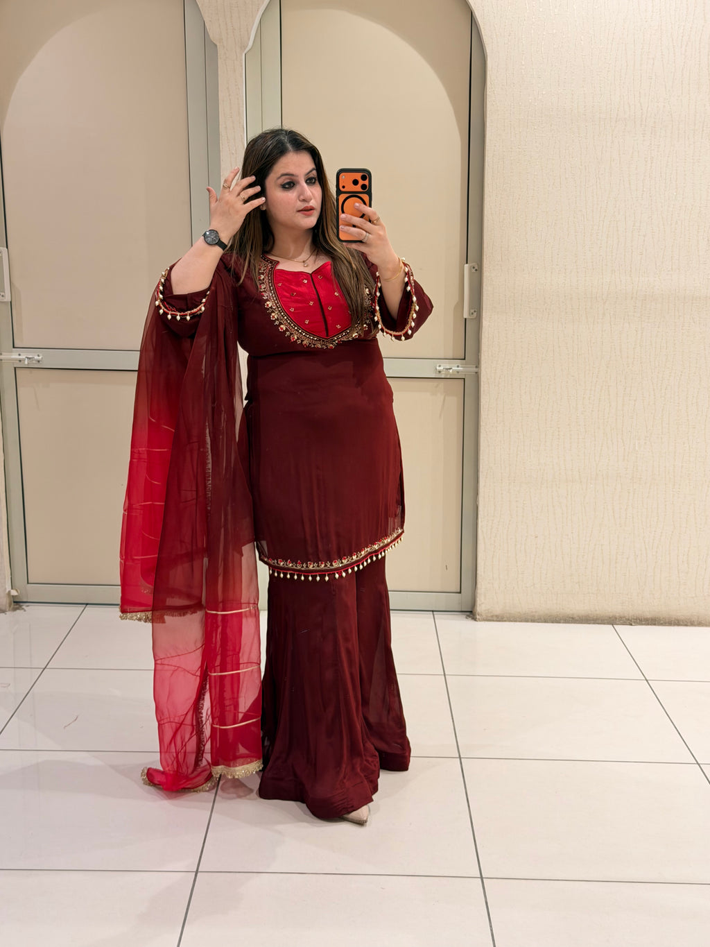 Maroon Chinon Embroidered Suit Set (M–XXL)