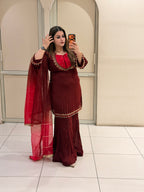 Maroon Chinon Embroidered Suit Set (M–XXL)