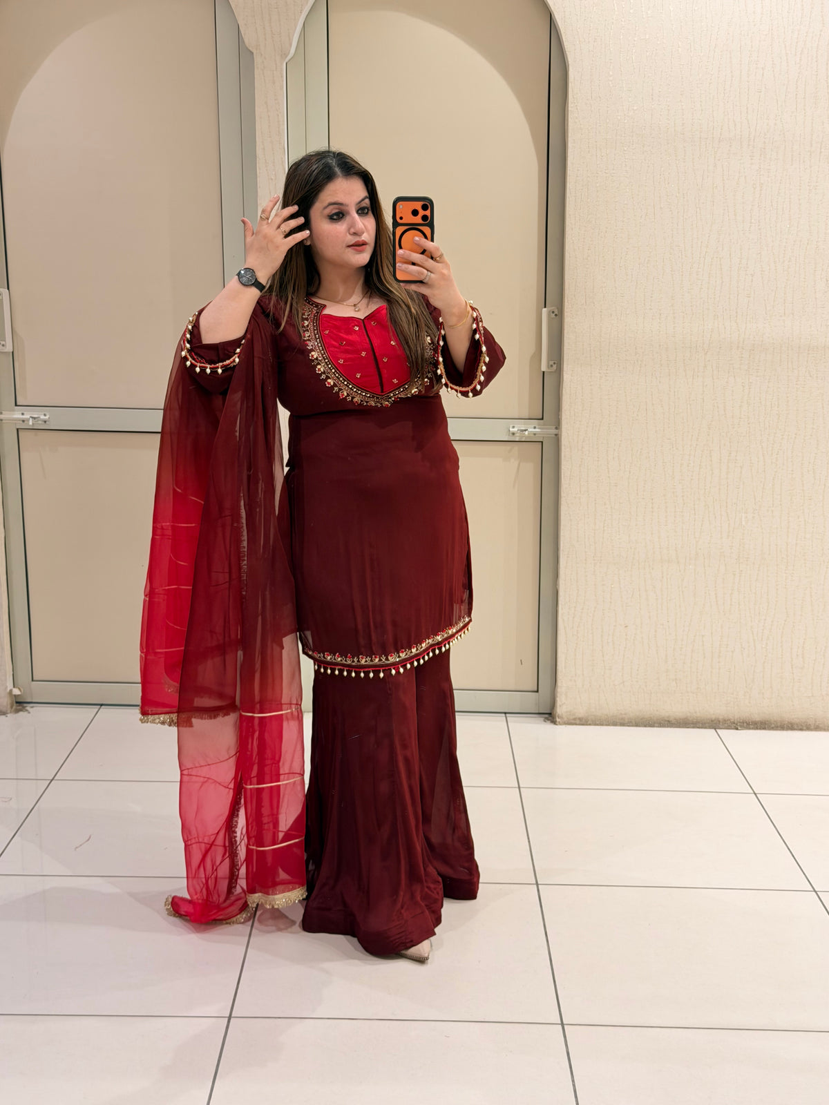 Maroon Chinon Embroidered Suit Set (M–XXL)