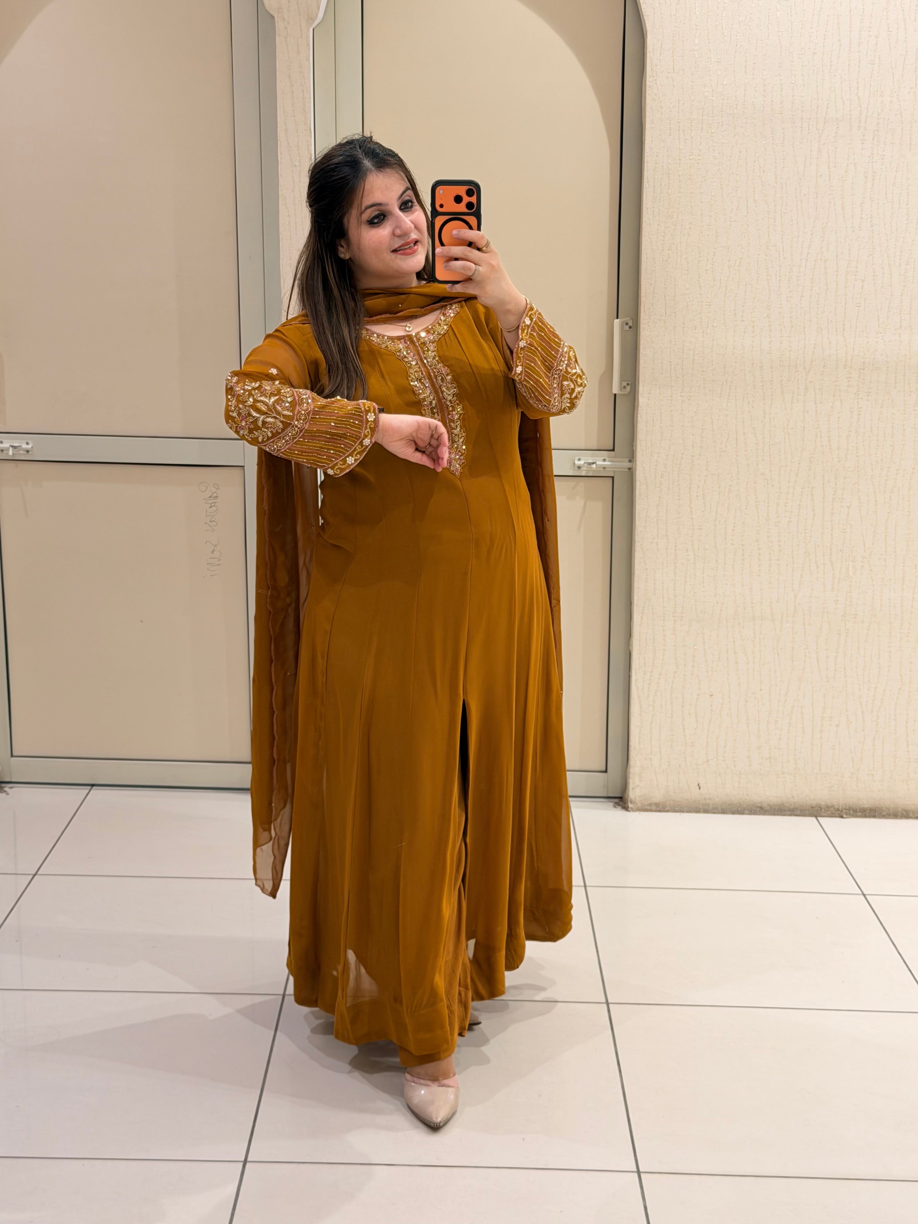 Mustard Georgette Embroidered Suit Set (M–3XL)