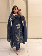 Navy Crepe Embroidered Suit Set (M–XXL)