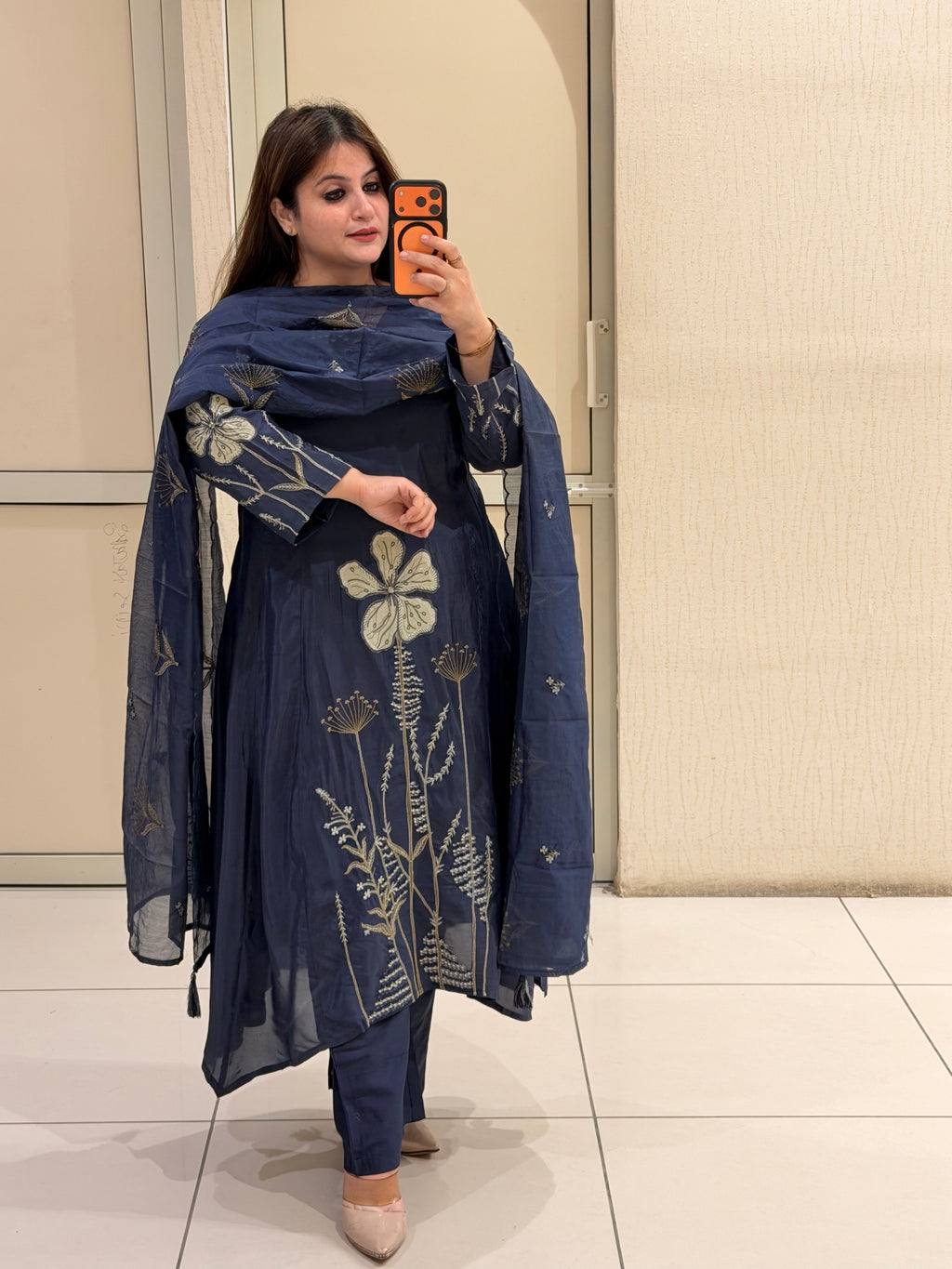 Navy Crepe Embroidered Suit Set (M–XXL)