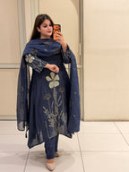 Navy Crepe Embroidered Suit Set (M–XXL)