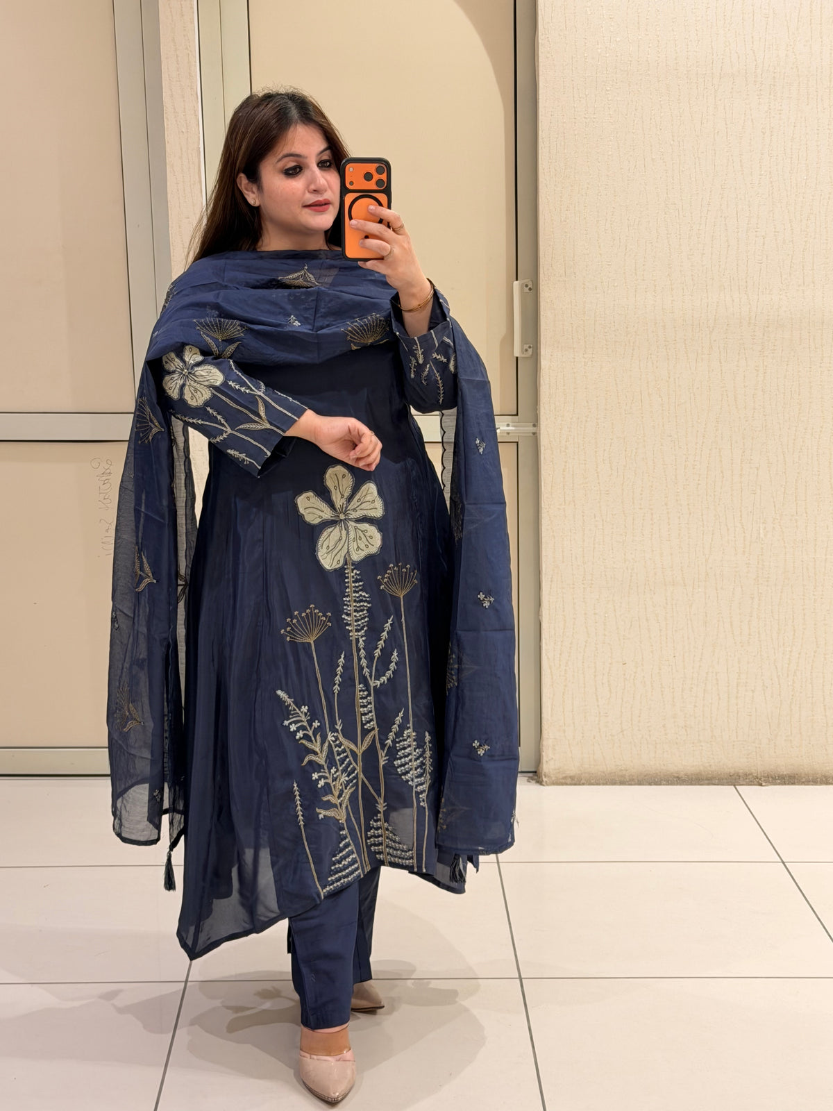 Navy Crepe Embroidered Suit Set (M–XXL)