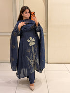 Navy Crepe Embroidered Suit Set (M–XXL)