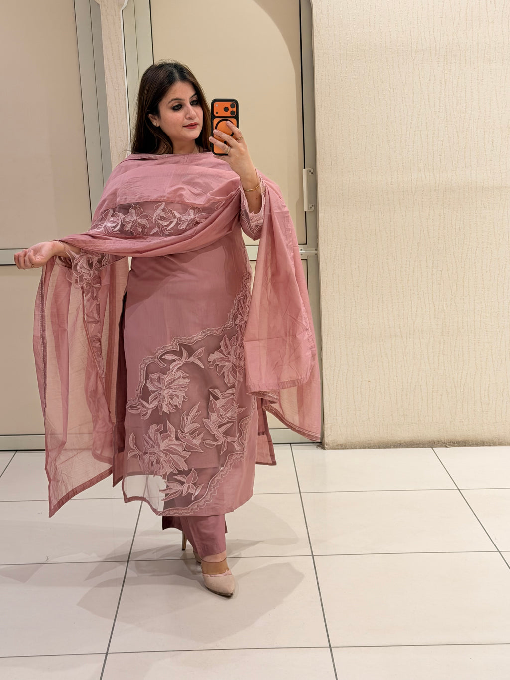 Pink Mul Chanderi Straight Fit Suit (Appliqué Work, M–XXL)