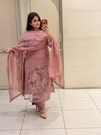 Pink Mul Chanderi Straight Fit Suit (Appliqué Work, M–XXL)