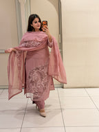 Pink Mul Chanderi Straight Fit Suit (Appliqué Work, M–XXL)