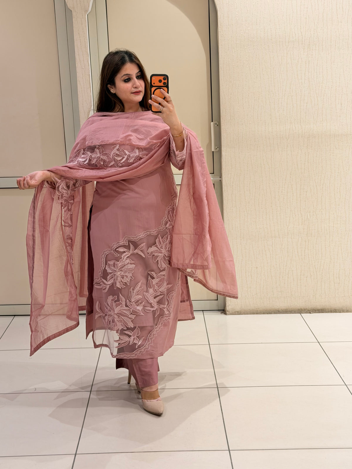 Pink Mul Chanderi Straight Fit Suit (Appliqué Work, M–XXL)