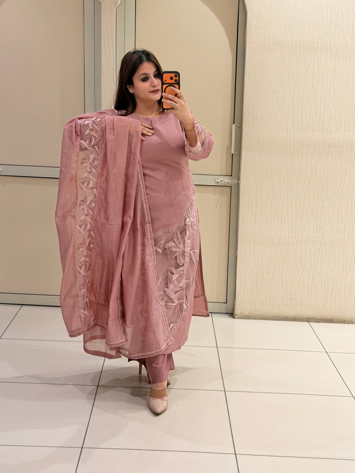 Pink Mul Chanderi Straight Fit Suit (Appliqué Work, M–XXL)