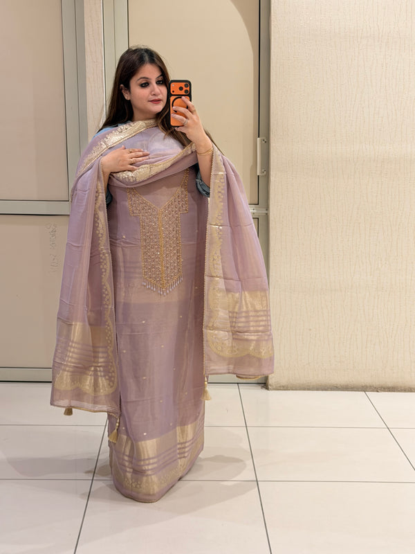 Lavender Unstitched Partywear Suit (Premium Embroidered Design)