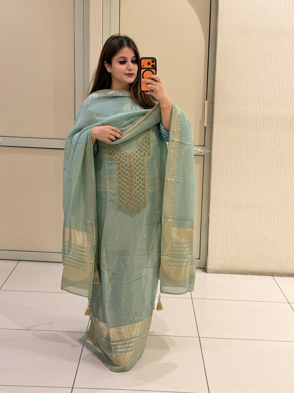 Mint Green Unstitched Partywear Suit with Zari Embroidery (Premium Collection)