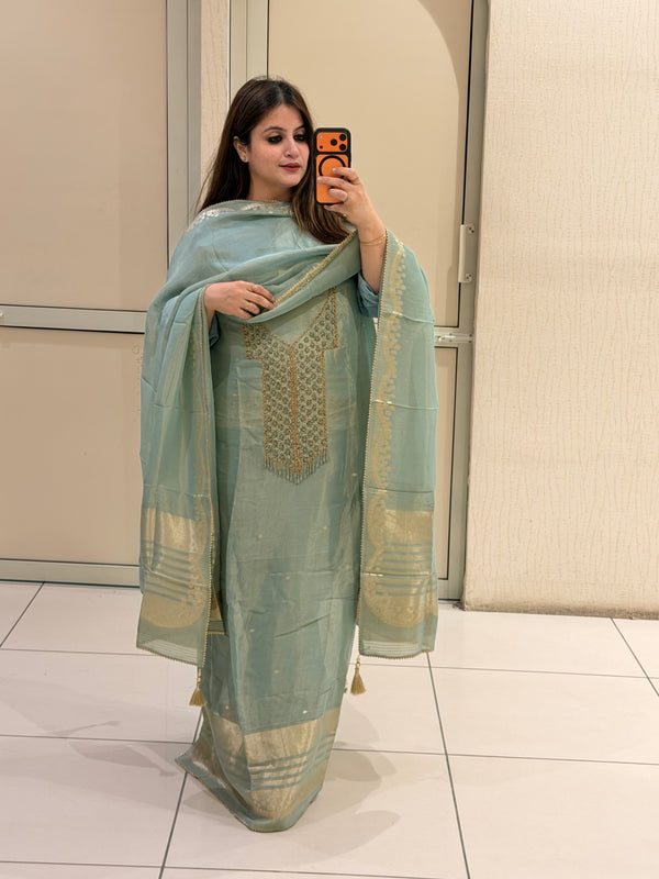 Mint Green Unstitched Partywear Suit with Zari Embroidery (Premium Collection)
