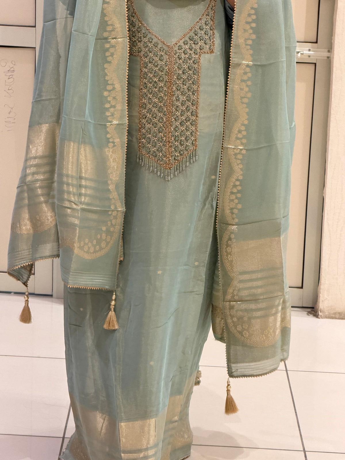 Mint Green Unstitched Partywear Suit with Zari Embroidery (Premium Collection)