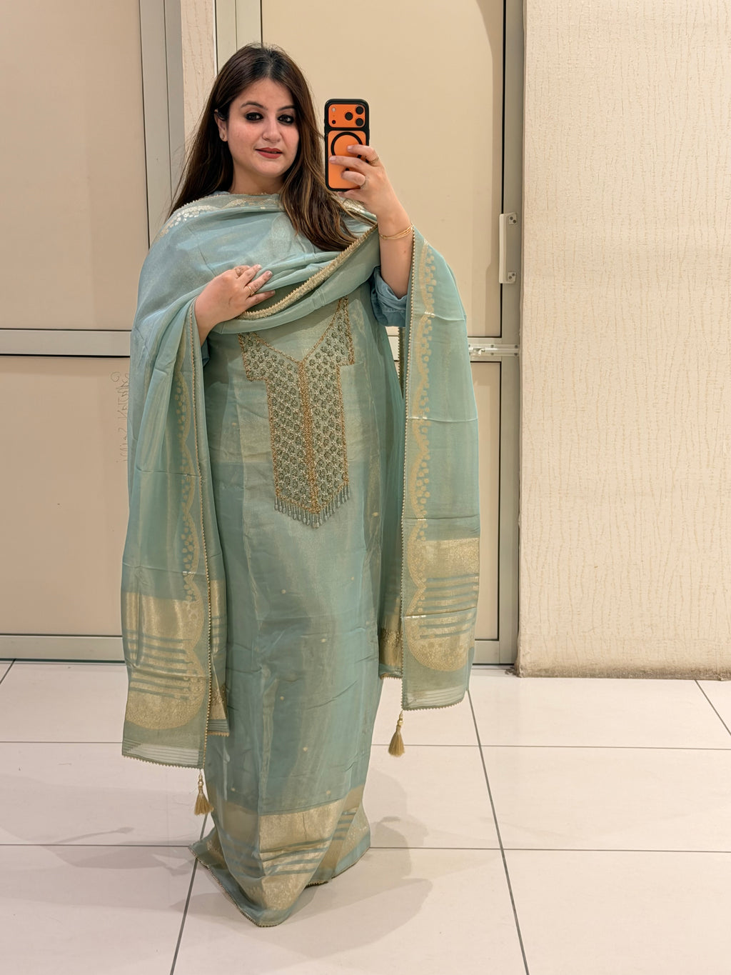 Mint Green Unstitched Partywear Suit with Zari Embroidery (Premium Collection)