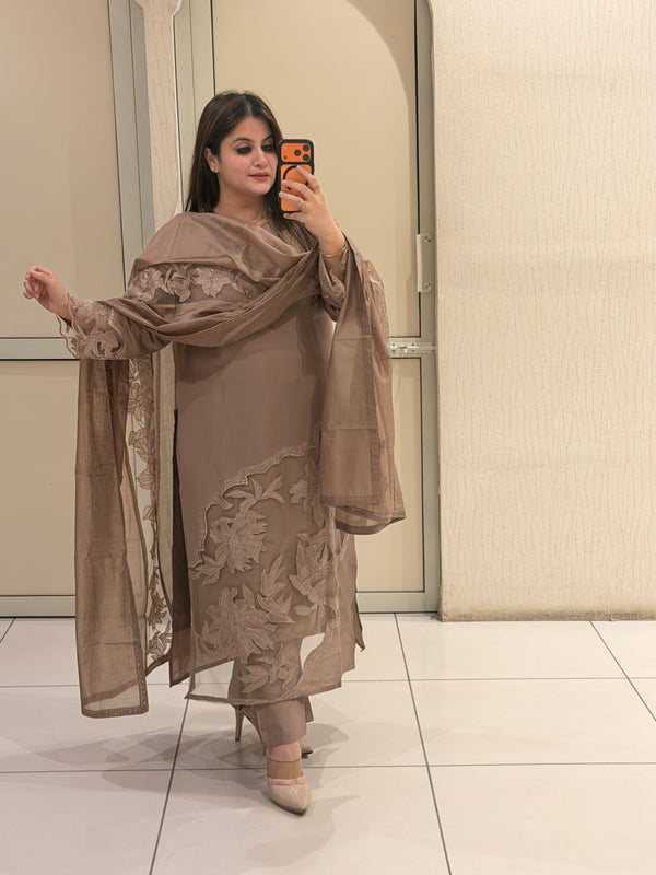 Taupe Embroidered Suit Set (M–XXL)