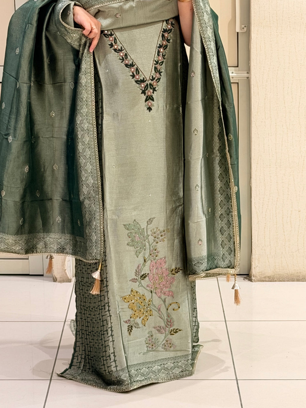 Sage Green Unstitched Silk Embroidered Suit (Premium Collection)