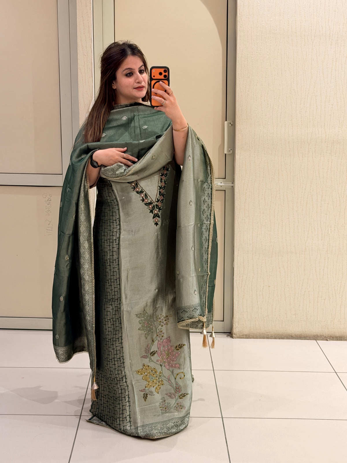 Sage Green Unstitched Silk Embroidered Suit (Premium Collection)
