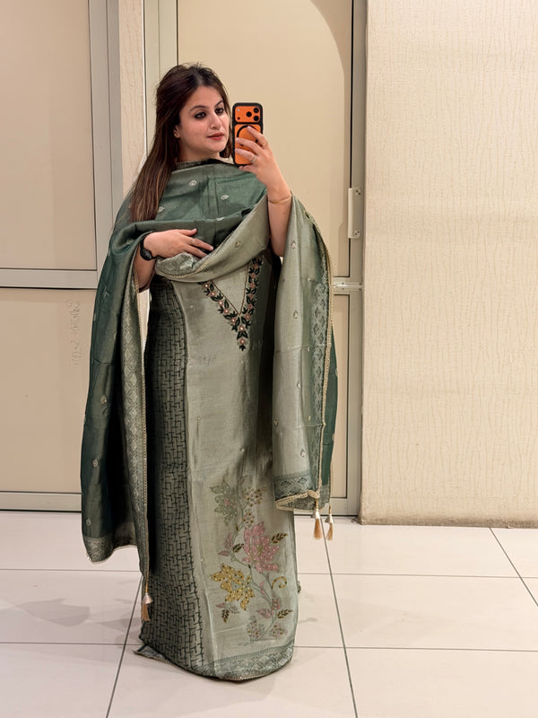 Sage Green Unstitched Silk Embroidered Suit (Premium Collection)