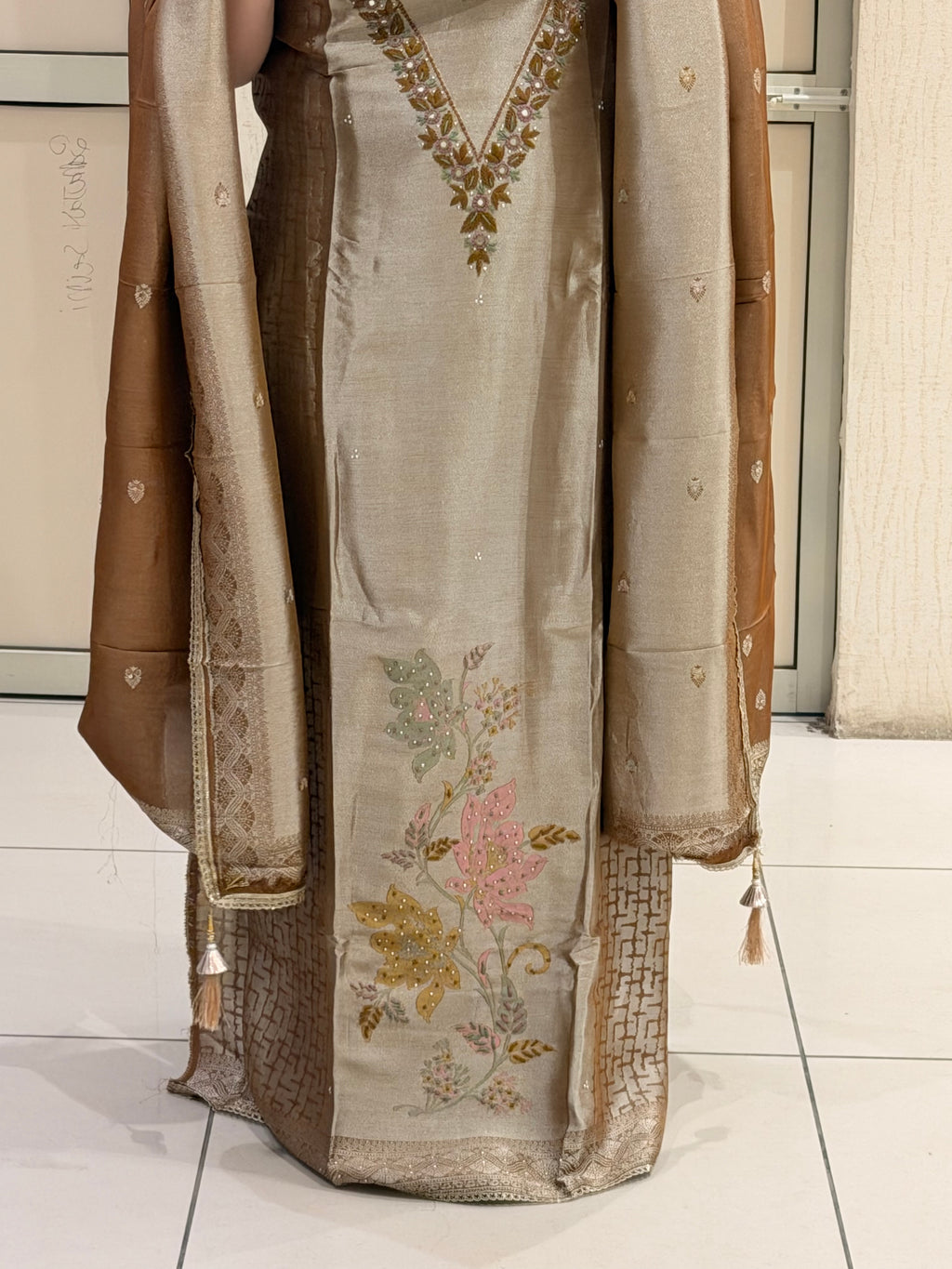 Beige & Bronze Unstitched Silk Embroidered Suit (Premium Collection)
