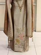 Beige & Bronze Unstitched Silk Embroidered Suit (Premium Collection)