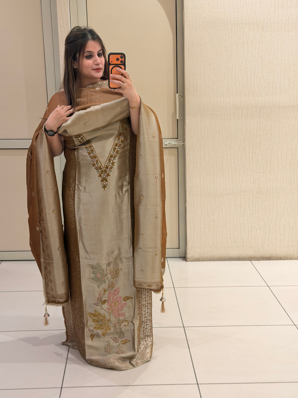 Beige & Bronze Unstitched Silk Embroidered Suit (Premium Collection)