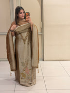 Beige & Bronze Unstitched Silk Embroidered Suit (Premium Collection)