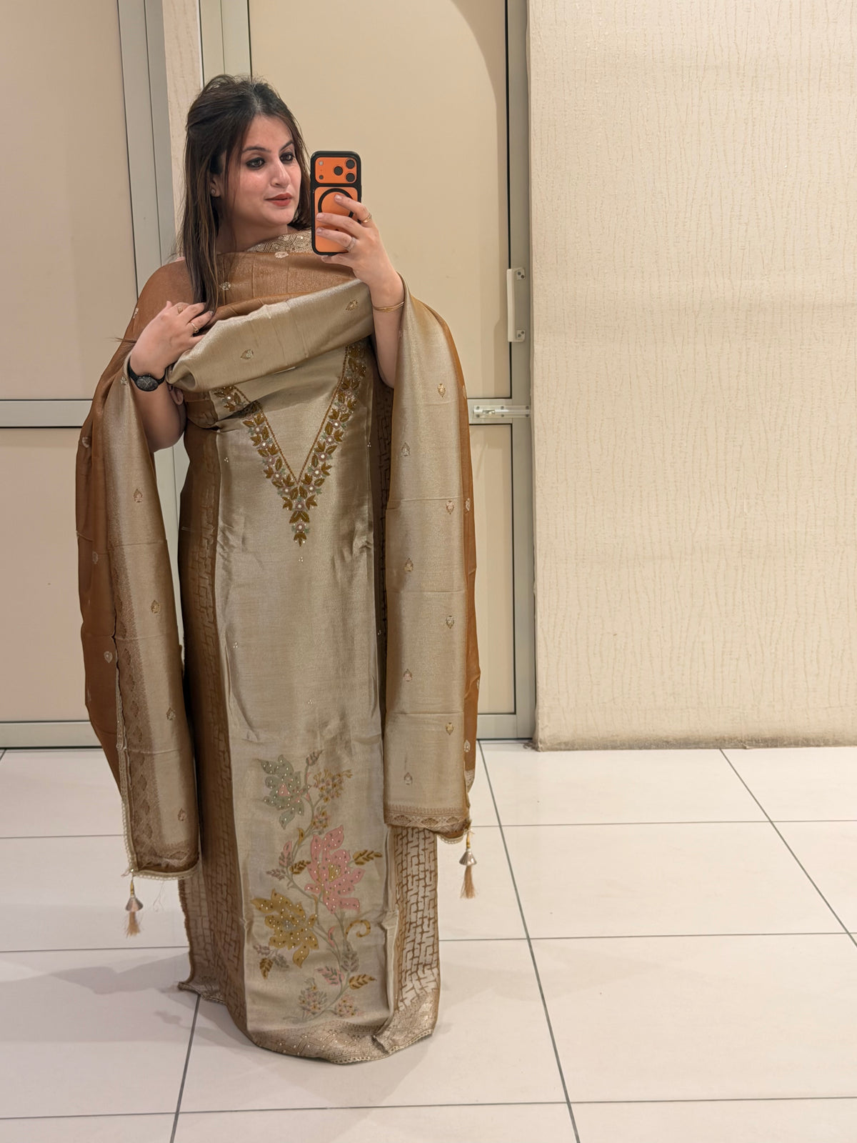 Beige & Bronze Unstitched Silk Embroidered Suit (Premium Collection)