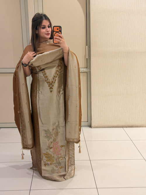 Beige & Bronze Unstitched Silk Embroidered Suit (Premium Collection)