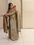 Beige & Bronze Unstitched Silk Embroidered Suit (Premium Collection)